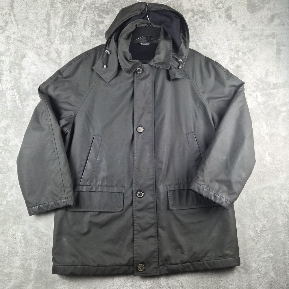 Canali Coat Men 50 Dark Olive Green Waxed Parka Hooded Wool Cashmere Lined Italy